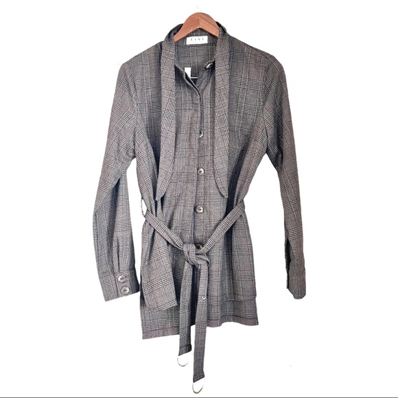 ELVI Dress Brown Micro Plaid Houndstooth Shirt Tunic Shacket Academia 8 - Picture 1 of 9